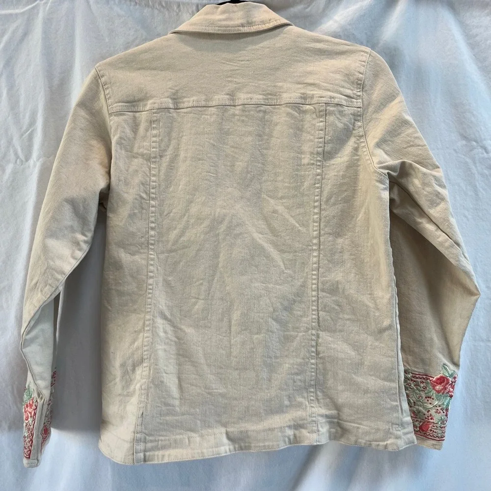 Denim & Co. Beige Jacket Women‎ Small Floral Embroidered Cuffs Cozy Cotton Blend